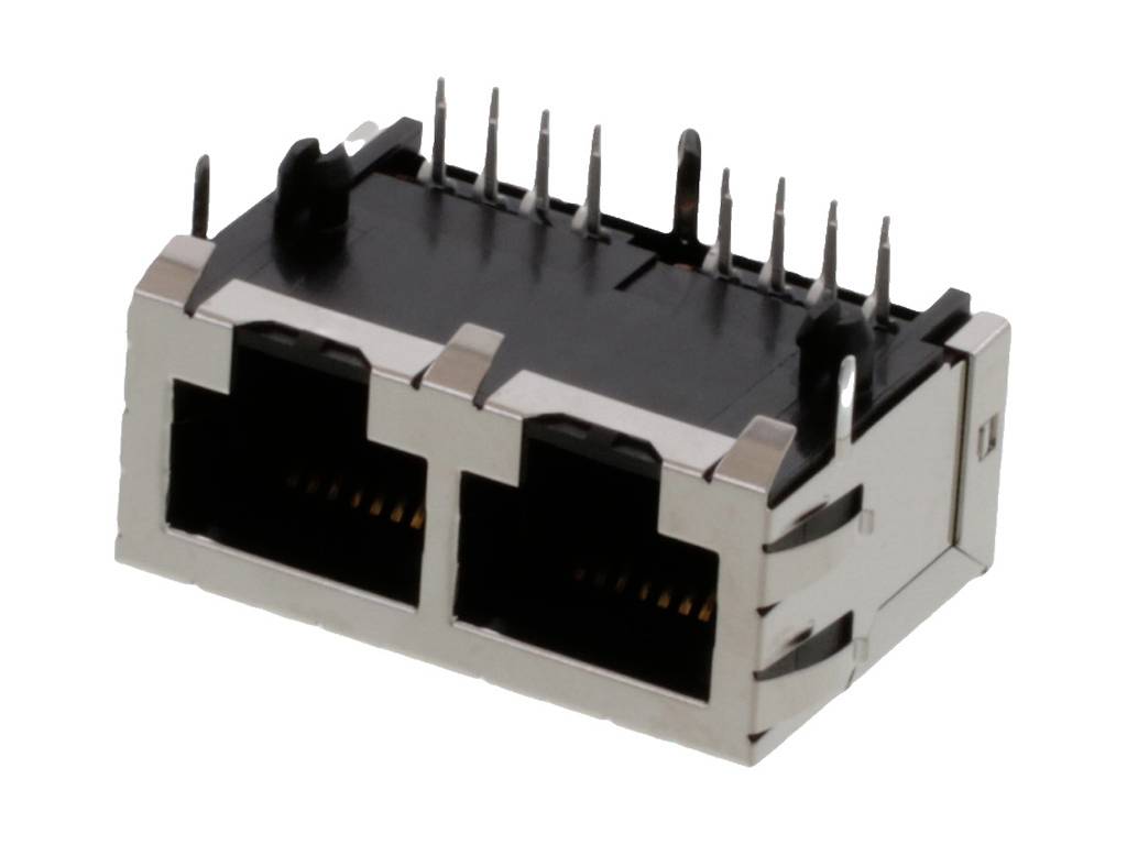 'Dupla Ethernet-csatlakozó nyolc fém érintkezővel felül, hálózati csatlakozásra alkalmas.'