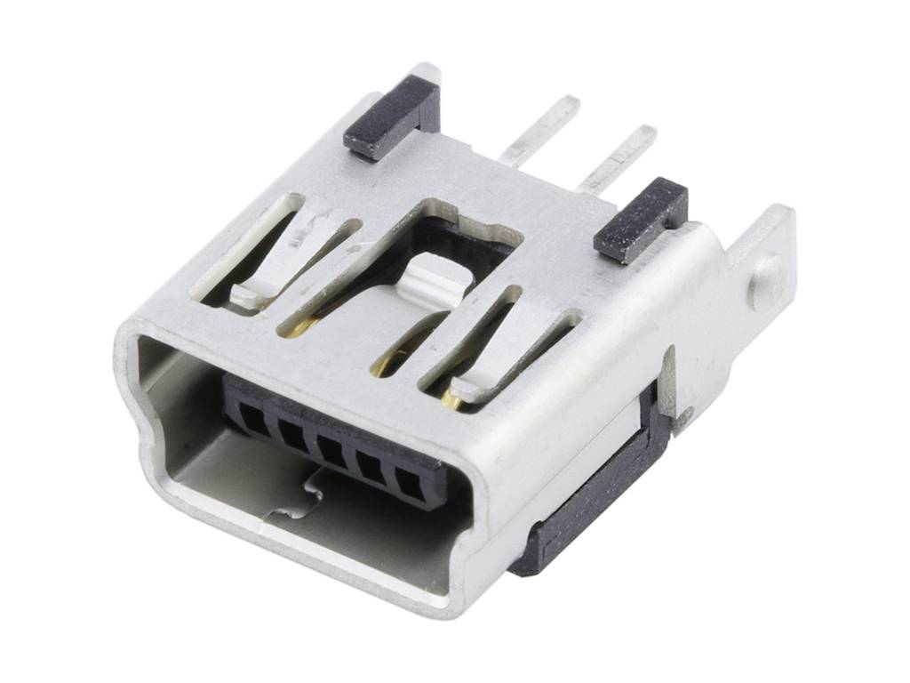 'USB Micro-B csatlakozó' elölnézetben, öt látható érintkezővel. Fémház fekete műanyag védelemmel.