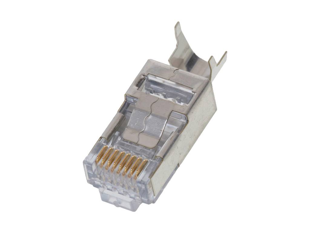 Egy RJ45-dugasz fém árnyékolással és nyolc aranyozott érintkezővel, hálózati telepítésekhez, Ethernet-kábelek csatlakoztatásához.