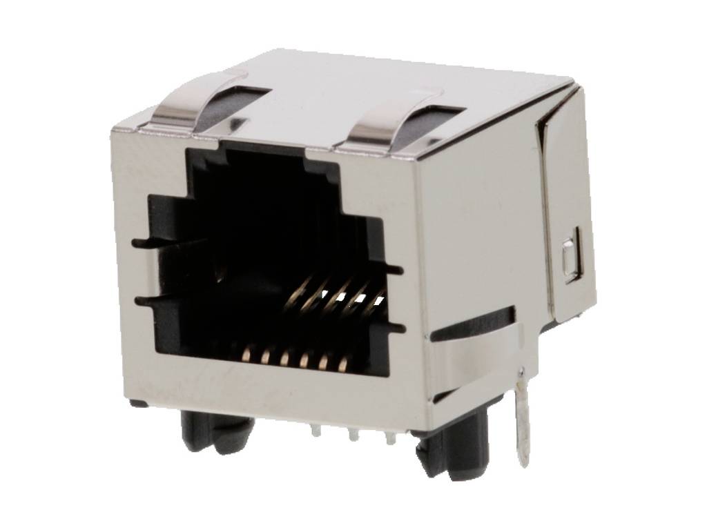 Egy RJ-45 Ethernet-csatlakozó közeli felvételen, fémházának és látható érintkezőinek részleteivel, adatátvitelre használva.