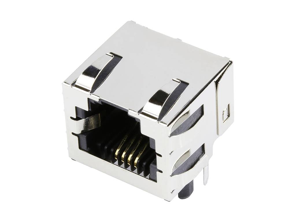 Egy ezüstös RJ45-csatlakozó ethernet-kábelhez, látható aranyozott érintkezőkkel.