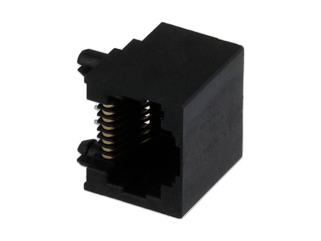 Egy fekete RJ45 keystone betét adapter, négyzet alakú, látható fémcsatlakozó sávokkal a közepén.