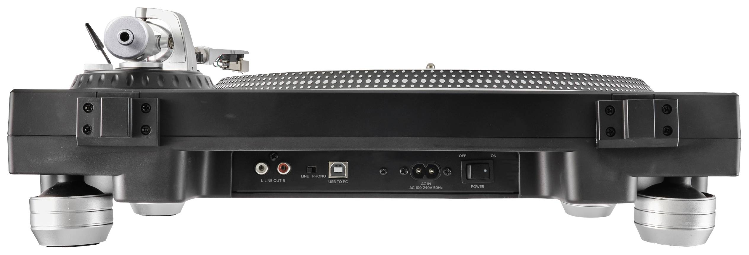 Lemezjátszó hátulnézete csatlakozókkal: RCA-kimenet, USB-port, hálózati kapcsoló. Ezüstszínű hangkar-tartó bal felül.