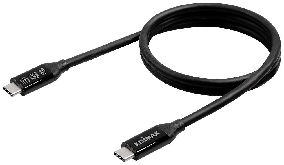 Egy fekete USB-C kábel felirattal az aljzatokon.
