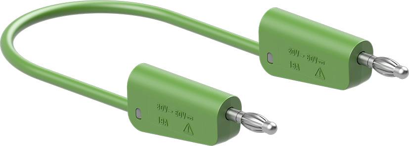 Zöld biztonsági híd kábel 4 mm-es csatlakozóval mindkét végén, alkalmas 30 V-tól 1000 V-ig terjedő feszültséghez és 15 A áramerősséghez.
