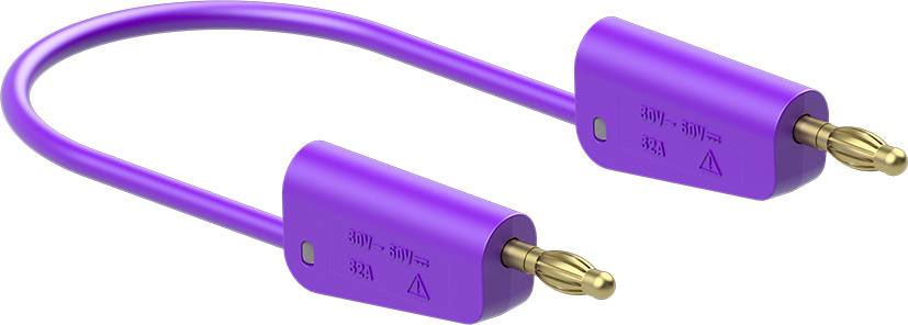 Lila kábel két aranyozott csatlakozóval, mindegyiken '30V~ 50V= 32A' felirat. Alapvető fontosságú elektromos készülékek csatlakoztatásához.