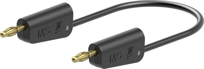 Egy fekete csatlakozókábel két arany banándugóval a végein, amely alkalmas audioeszközökhöz vagy hangszóró-csatlakozásokhoz.