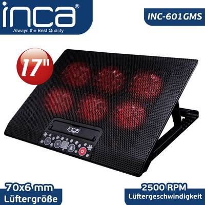 Az INCA INC-601 GMS laptop hűtő 17 hüvelykes kompatibilitással rendelkezik és öt darab, egyenként 70 mm-es ventilátort tartalmaz, amelyek 2500 fordulat/perc sebességgel működnek.