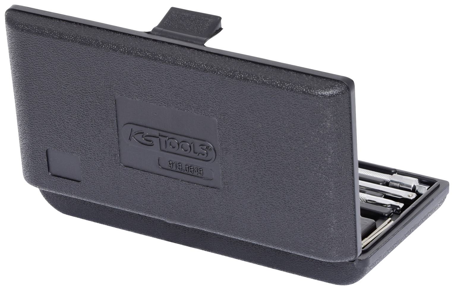 Egy KS Tools fekete tokban hat kompakt elrendezésű, különböző méretű imbuszkulcs, amelyek részben láthatóak.