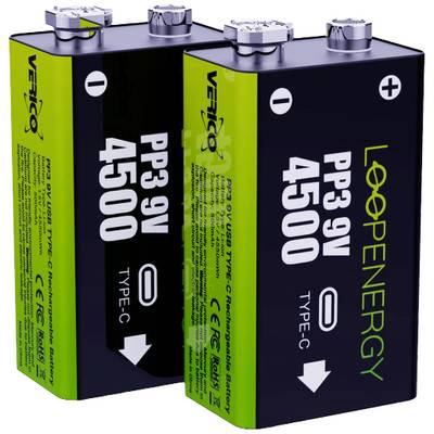 Két újratölthető akkumulátor a 'Loop Energy' márkától, PP3 9V 4500 típus, USB-C csatlakozóval, fekete-zöld dizájnban.