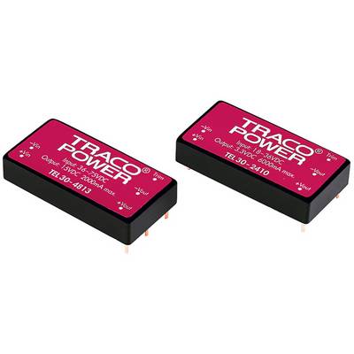 Két trapéz alakú elektronikai alkatrész, amelyen a 'TRACO POWER' felirat és a bemeneti, valamint kimeneti feszültségre vonatkozó műszaki adatok szerepelnek.
