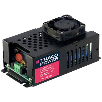 Fekete Traco Power tápegység ventilátorral, TPP 150-124 modell, fehér felületen.
