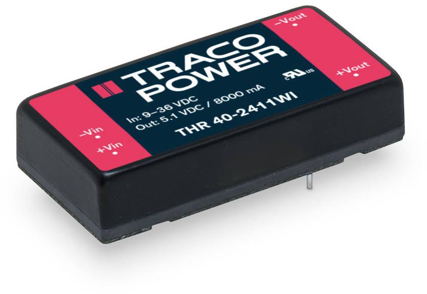 Egy TRACO POWER feszültségátalakító modul, THR 40-2411WI típus, 9–36 VDC bemeneti feszültséggel és 5,1 VDC/8000 mA kimeneti feszültséggel.