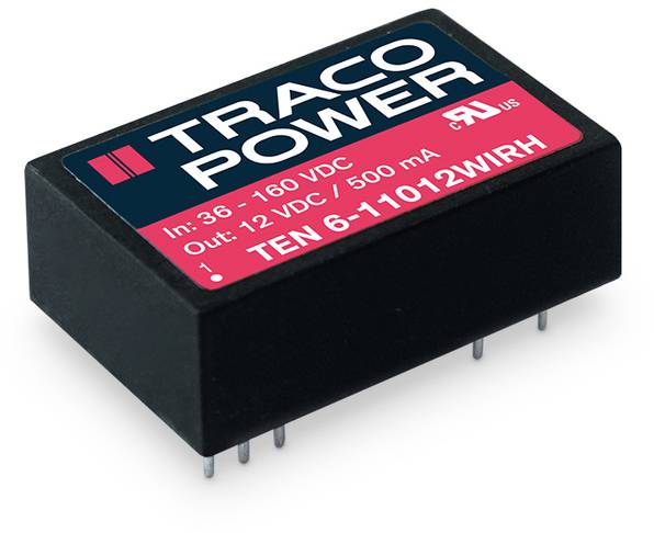 Egy fekete Traco Power feszültségátalakító a következő specifikációkkal: bemenet 36-160 VDC, kimenet 12 VDC/500 mA, modell TEN 6-11012WIRH.