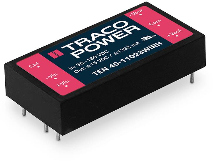 Traco Power feszültségátalakító, 'TEN 40-11023WIRH' modell, bemeneti tartomány 18-160 VDC, kimenet ±15 VDC, ±1333 mA.
