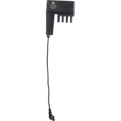 Egy fekete elektromos adapter kábel, amelynek egyik végén négy különböző csatlakozó található, a másik végén pedig egy hosszú kábel.
