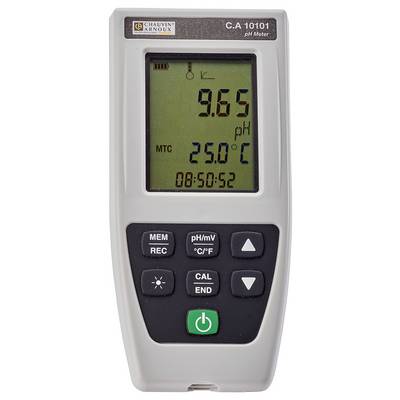 Digitális pH-mérő, amely '9,65 pH' értéket, '25,0 °C' hőmérsékletet és '08:50:52' időpontot mutat. A Chauvin Arnoux által gyártott 'C.A 10101' típusjelzéssel ellátva.