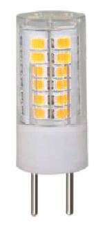 Egy fehér G9-es LED-lámpa, látható sárga fénychipekkel és két fémcsatlakozó érintkezővel.