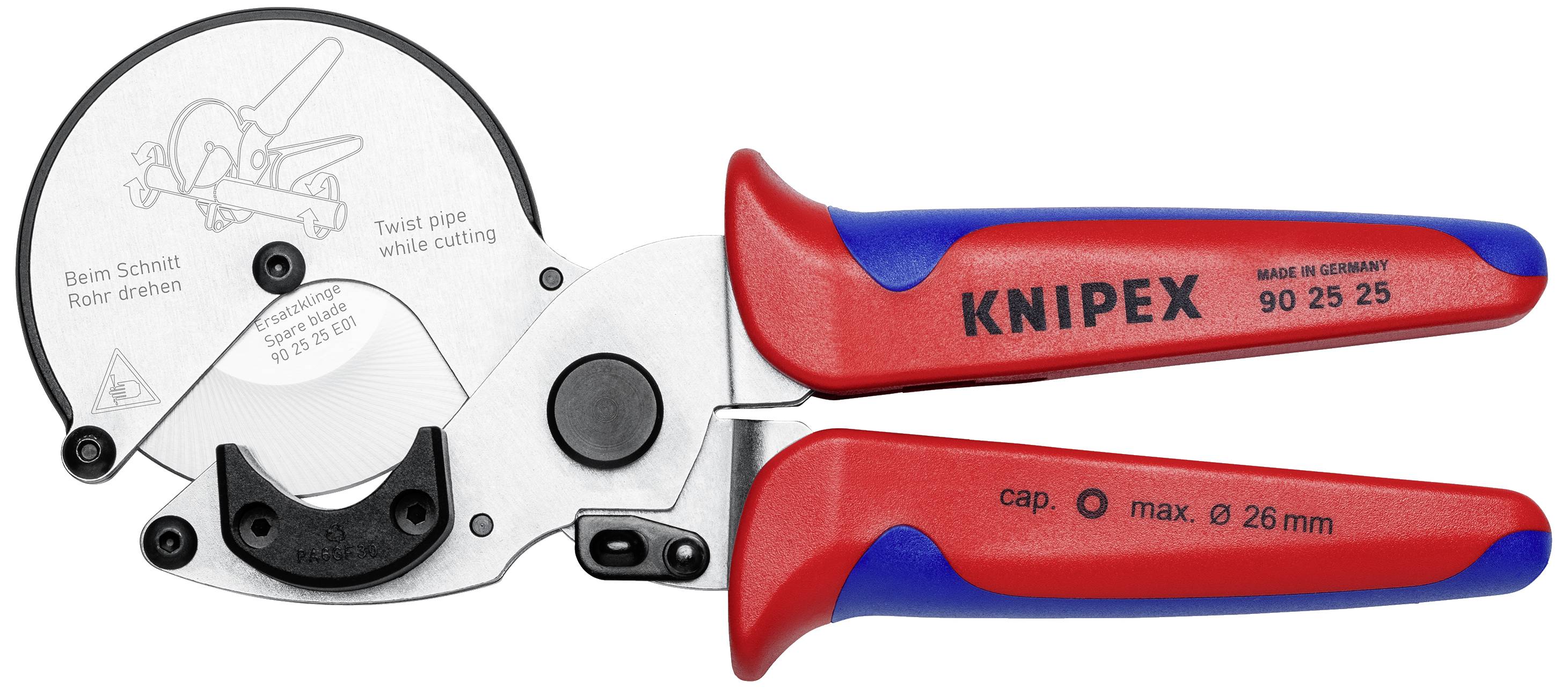 Kék és piros kábelcsípő, 'KNIPEX' felirattal, alkalmas akár 26 mm-es csövek vágására. Gyártva Németországban.