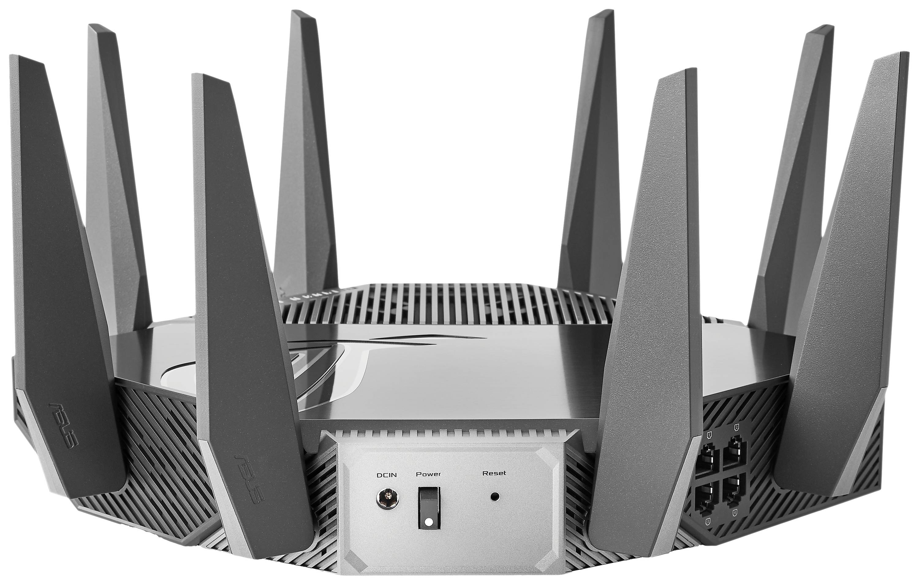 Egy nyolc antennás fekete WLAN-router, amely egy sima felületen áll.