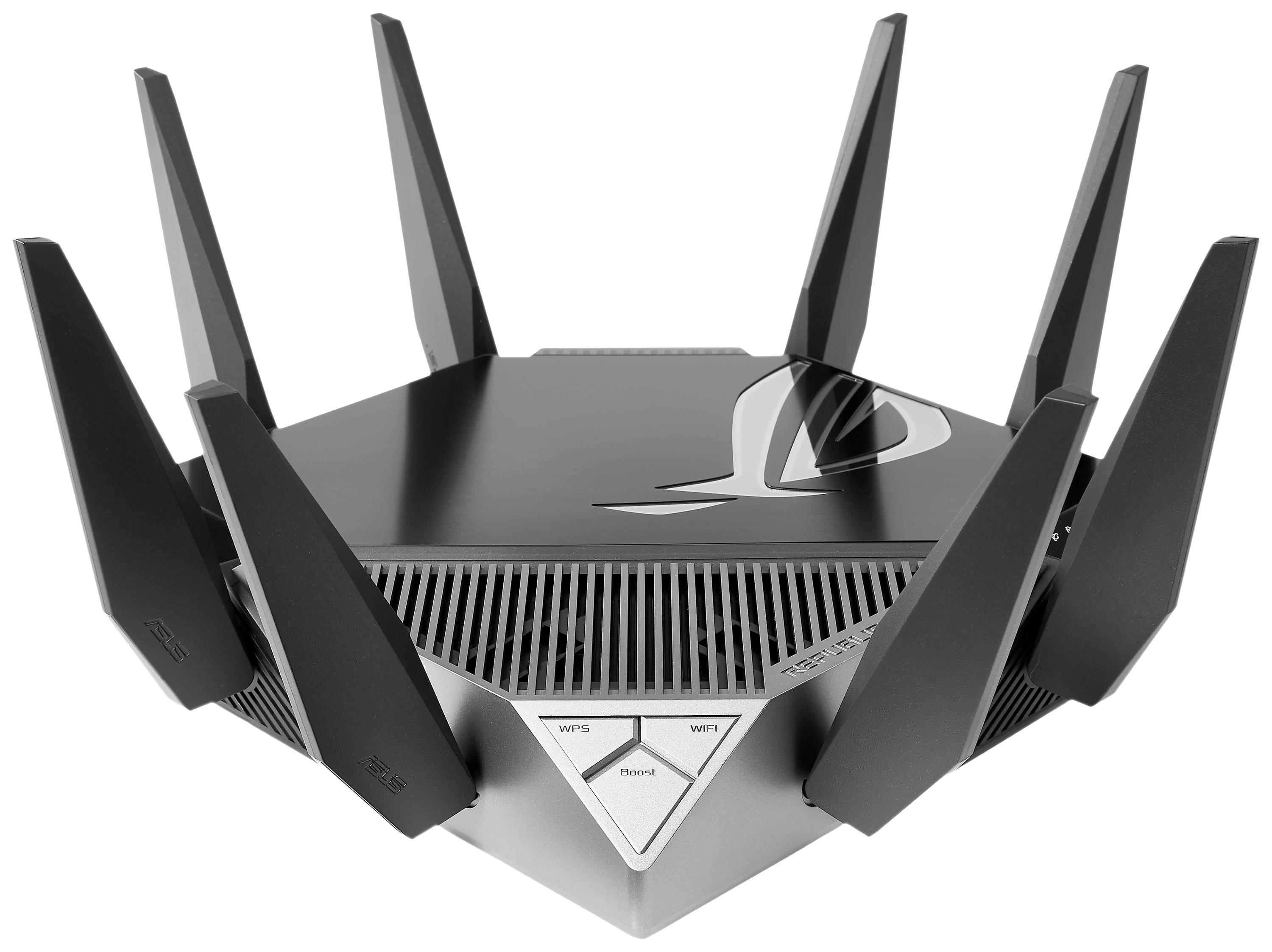 Egy fekete router több antennával és futurisztikus dizájnnal. Az elülső oldalán gombok találhatók, amelyeken feliratok szerepelnek, mint a 'WPS' és a 'Boost'.