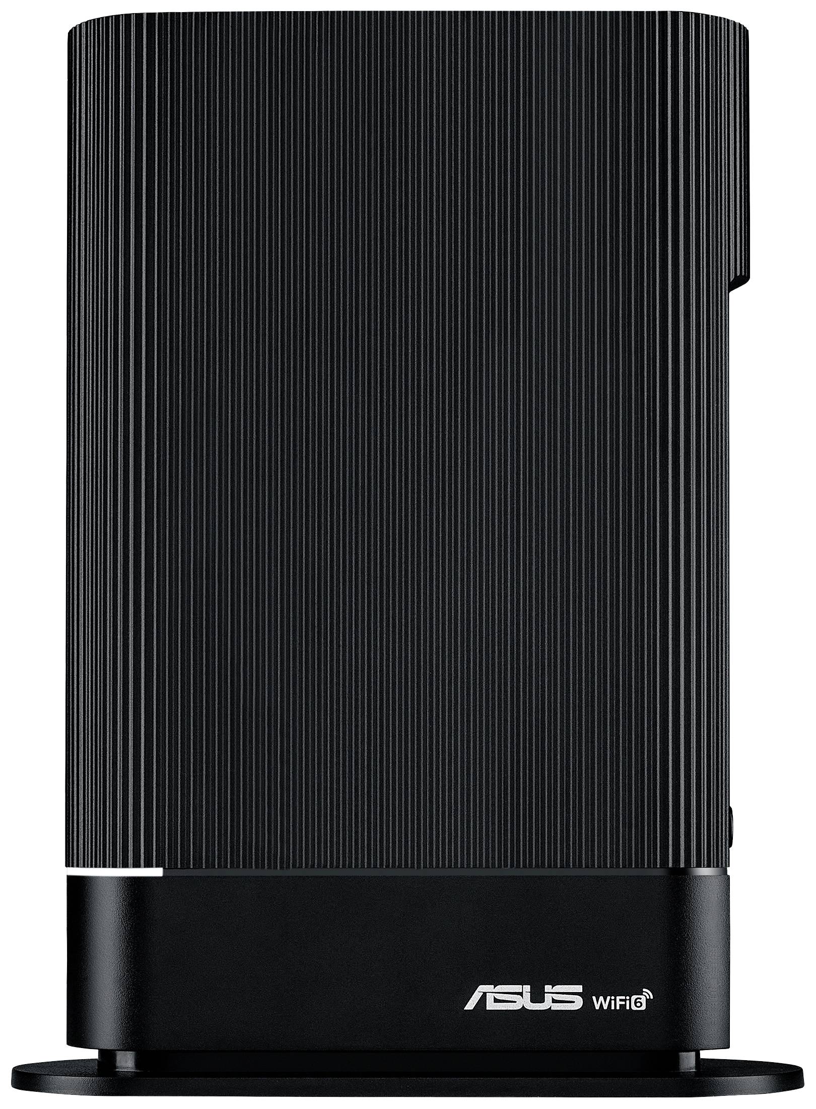 Egy fekete, bordázott felületű modem-router. Az ASUS logó és a 'WiFi 6' felirat alul, az előlapon látható.