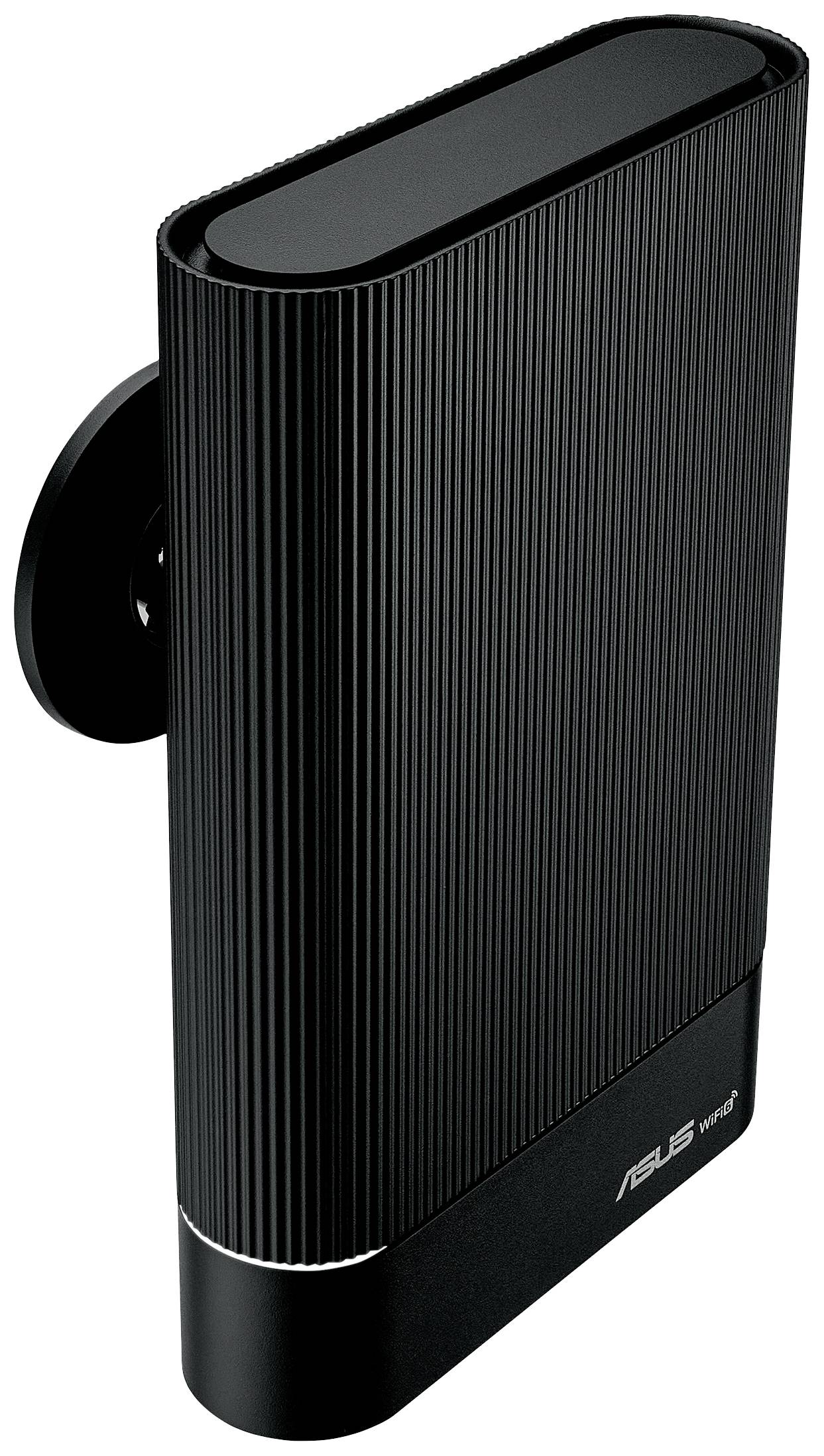 Egy fekete ASUS WiFi-adapter függőleges csíkozással és kerek talapzattal.