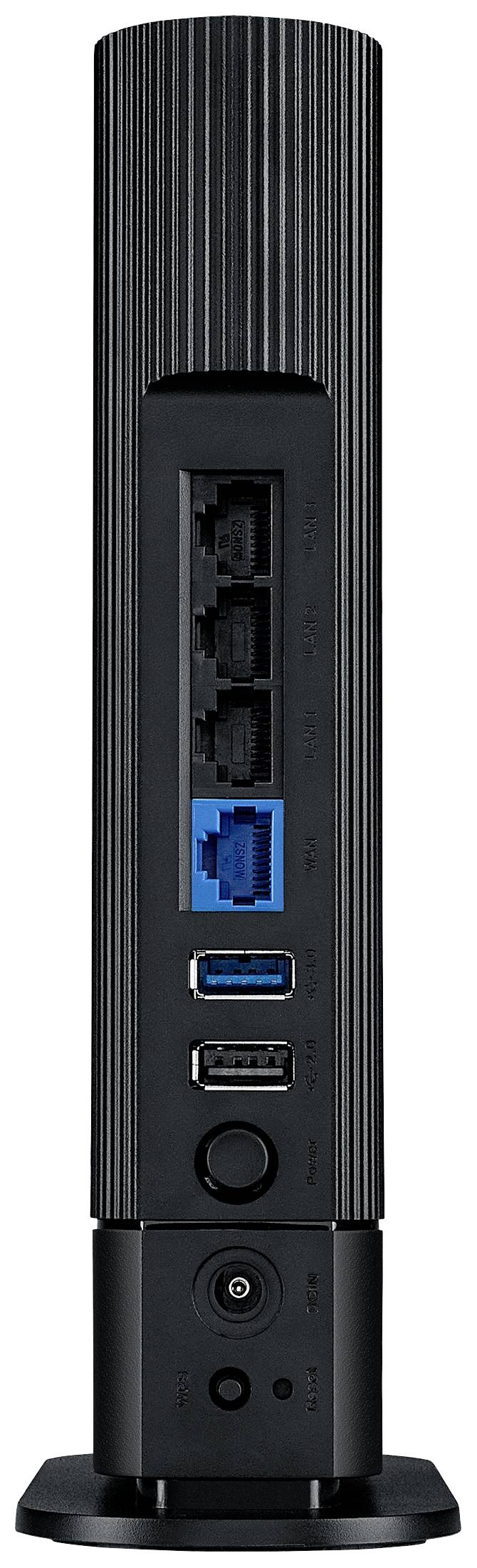 Egy fekete, függőleges router több csatlakozóval, köztük négy Ethernet-porttal, két USB-porttal és egy tápcsatlakozóval alul.