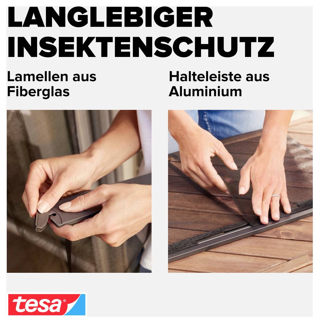 Tesa hirdetés tartós rovarháló-képernyőkhöz, fiberglass lamellák és alumínium keret kézi összeszereléssel.