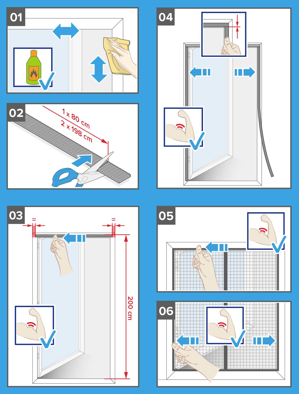 Útmutató egy rovarháló keret felszereléséhez: Ragasztót felvinni, hálót kivágni, keretet rögzíteni, kilógó hálót eltávolítani.