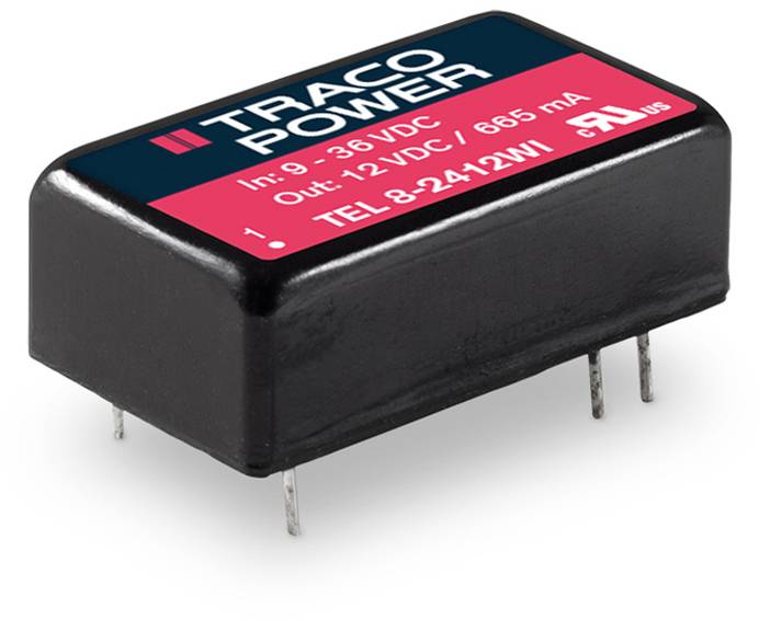 Kis téglalap alakú elektromos alkatrész, amelyen a 'TRACO POWER' felirat szerepel, bemeneti feszültsége 9-36 VDC, kimeneti feszültsége 12 V/665 mA.