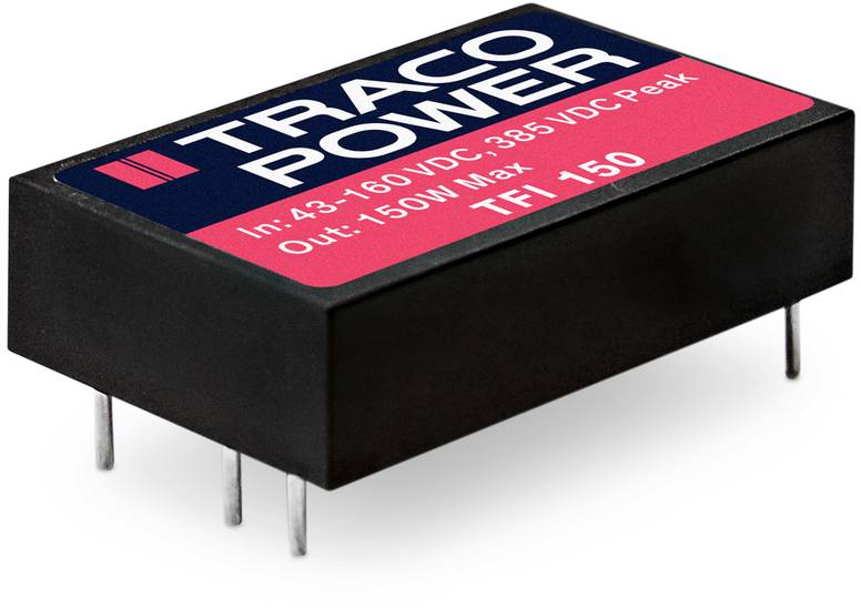 Téglalap alakú Traco Power transzformátor, amelyen a következő felirat olvasható: 'Be: 43-160 VDC, 385 VDC csúcs, Ki: 150 W max, TFI 150'.