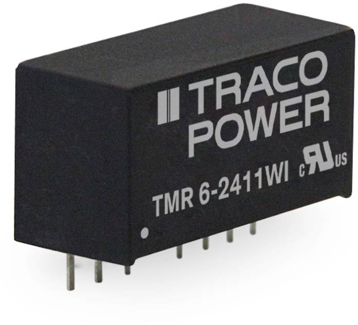 Egy kisméretű, téglalap alakú feszültségátalakító a TRACO POWER gyártótól, a 'TMR 6-2411WI' modellszámmal, több csatlakozóval az alsó felületén.