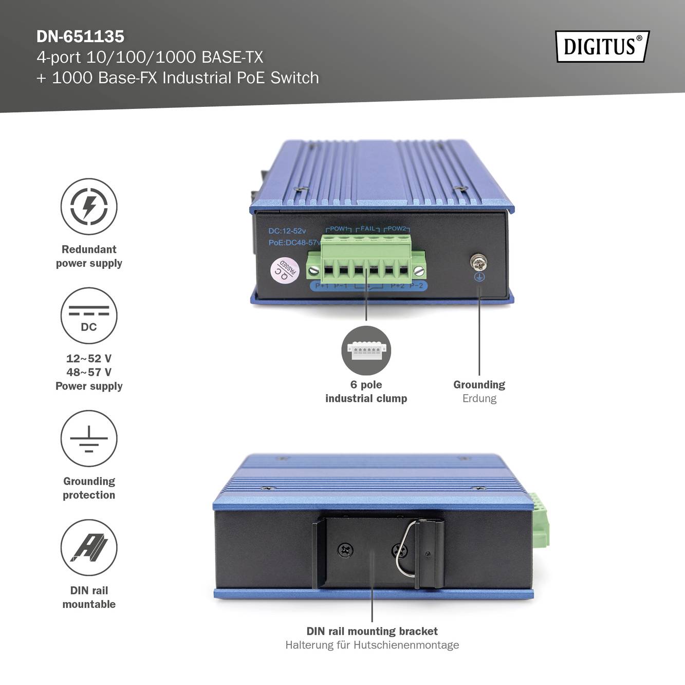 'DN-651135', 4 portos PoE switch redundáns tápellátással és földeléssel. Kék ház, rögzítésre alkalmas, a Digitus gyártásában.