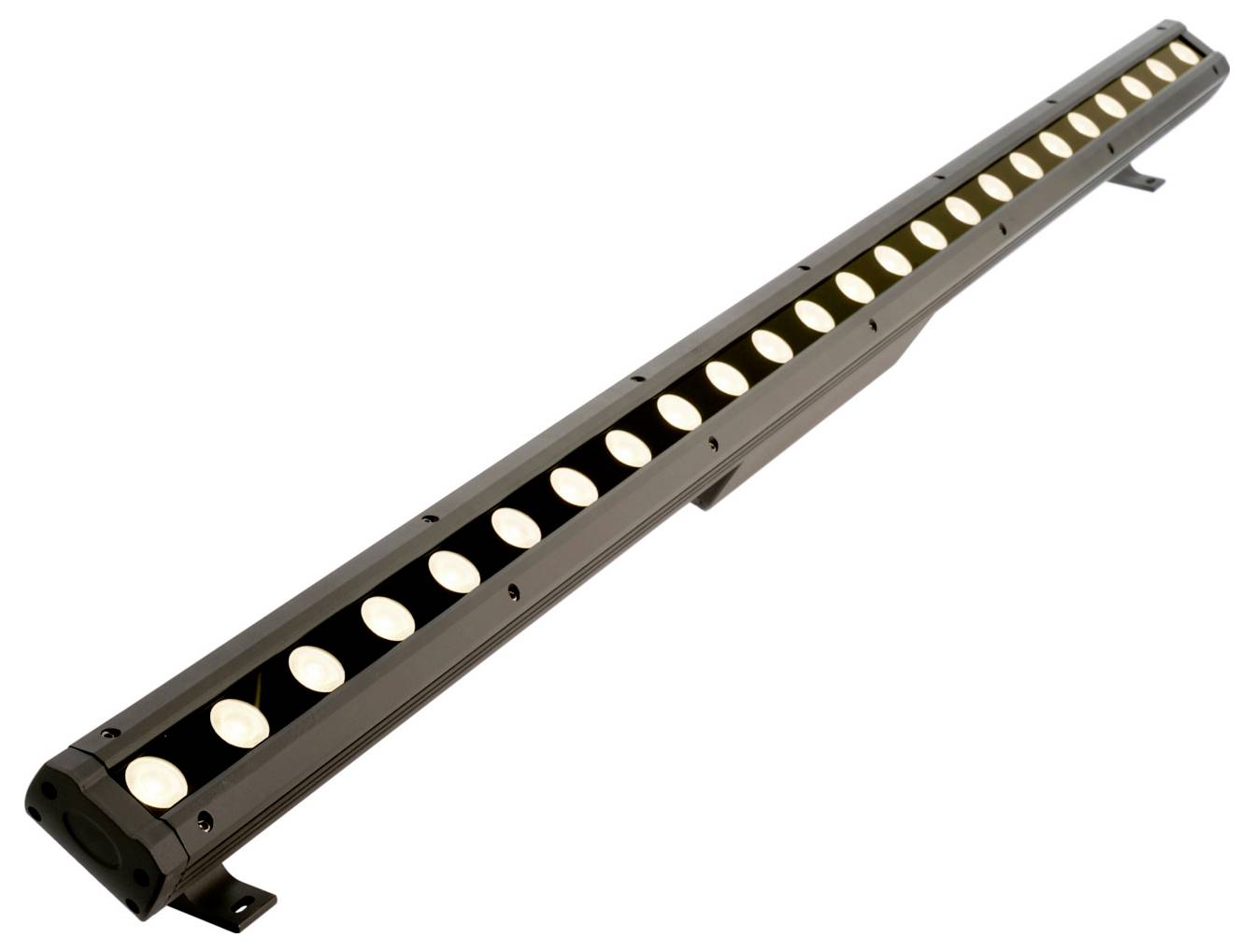 Hosszú, lineáris LED-fénysáv több körkörös lencsével, fekete házban, fehér háttéren.