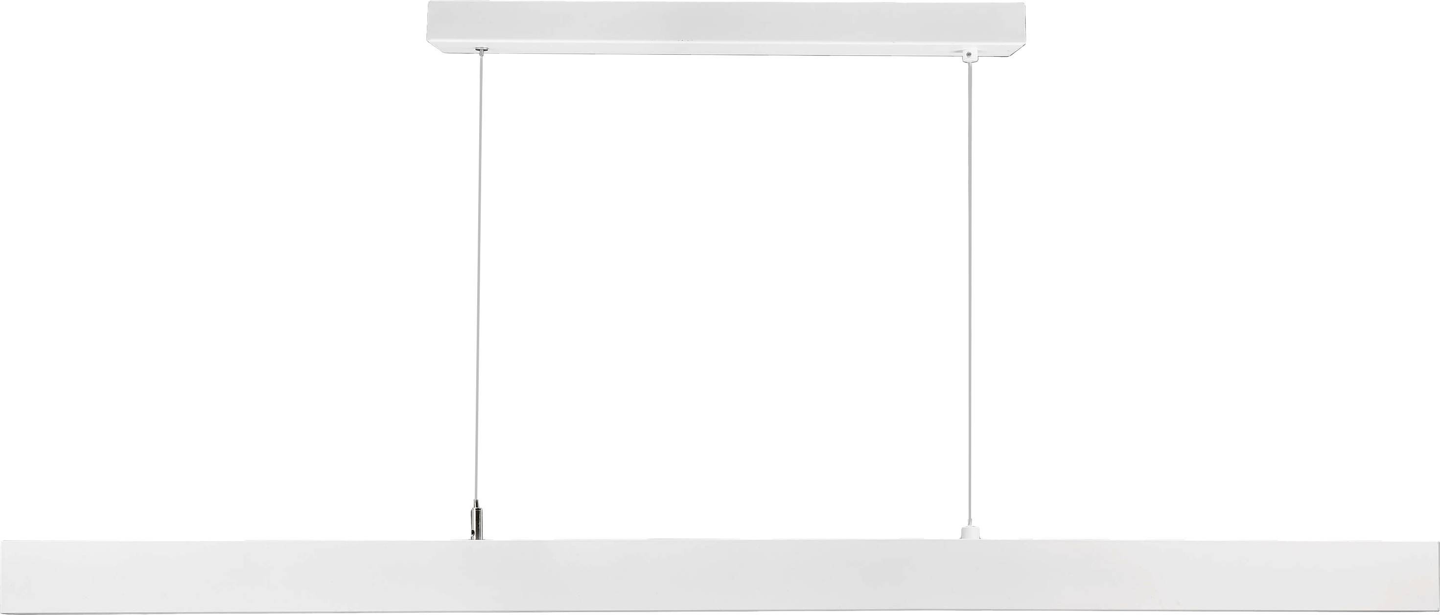 Fehér, négyszögletes, modern, függesztett LED-lámpa két vékony mennyezeti rögzítő kábellal. Minimalista dizájn.