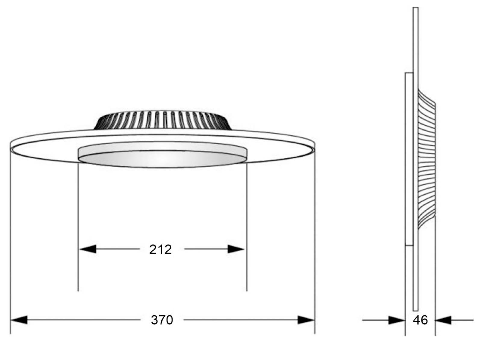 Műszaki rajz egy kerek eszközről felülnézetben és oldalnézetben, 370 mm szélességgel és 46 mm mélységgel, valamint egy 212 mm-es belső mérettel.