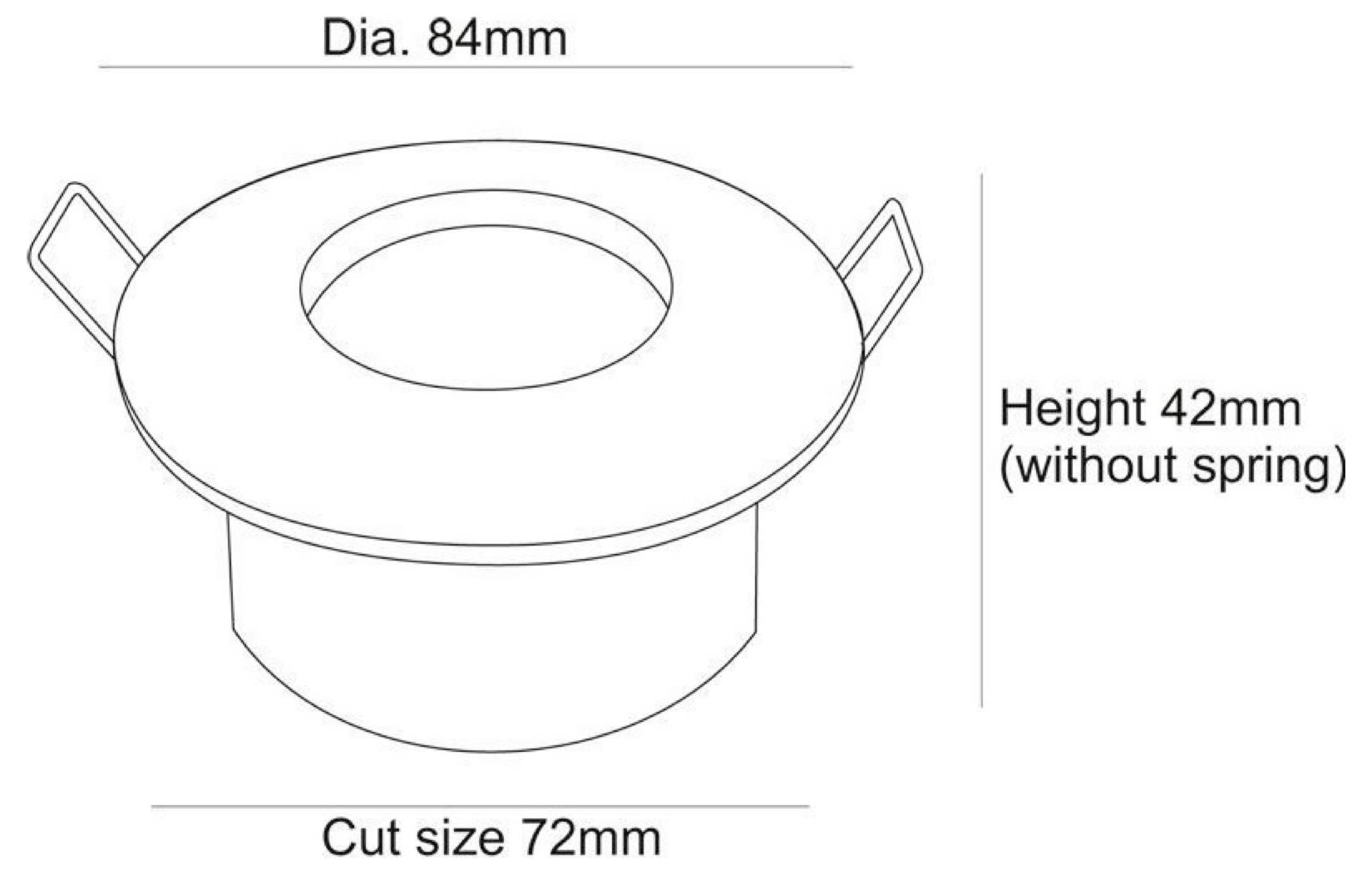 Egy kerek, süllyesztett lámpatest műszaki rajza, amely 84 mm átmérőt, 72 mm vágási méretet és rugó nélkül 42 mm magasságot mutat.