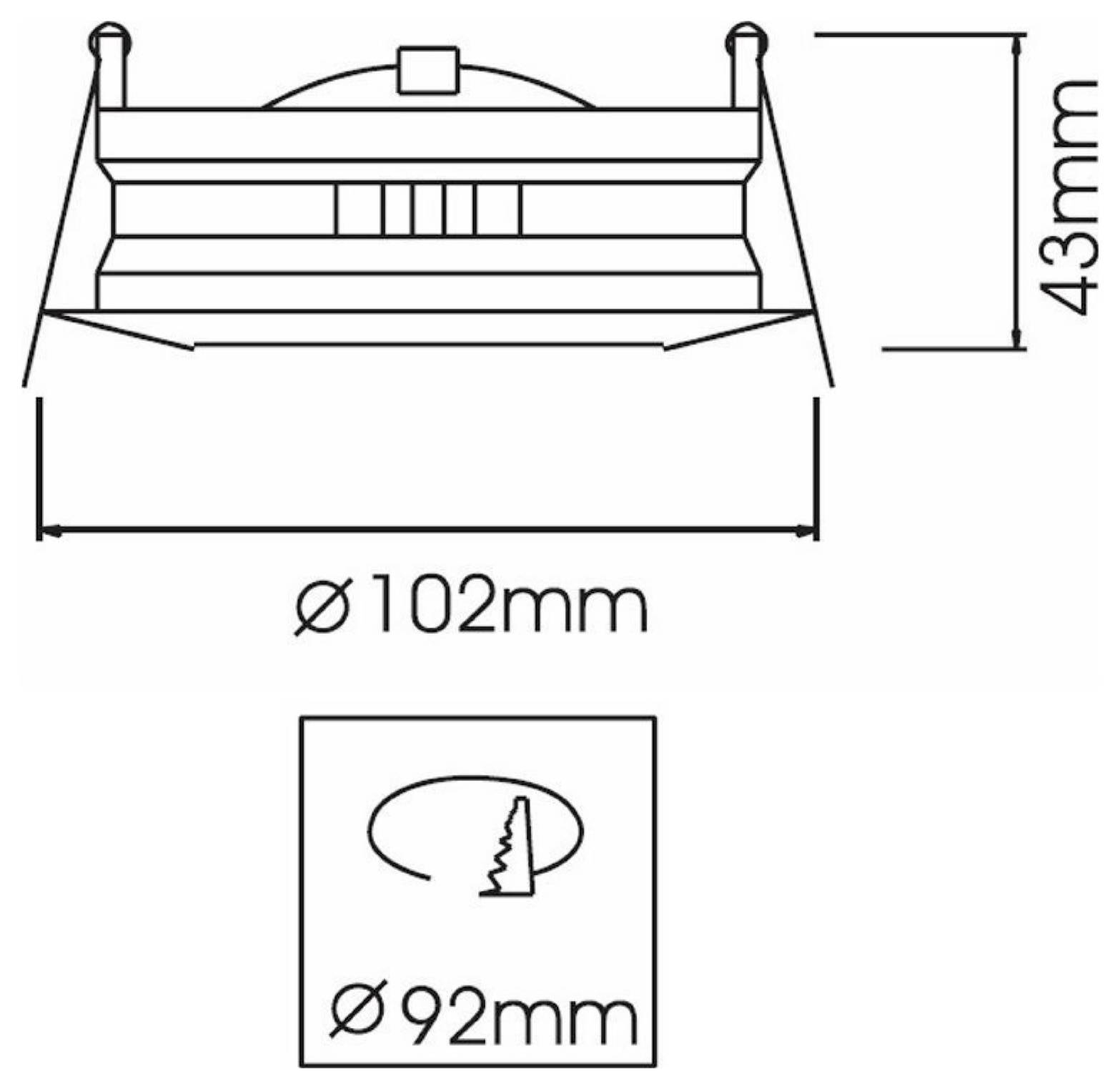 Műszaki ábra egy körkörös, süllyesztett lámpatestről: 102 mm átmérő, 43 mm magasság és 92 mm kivágási méret.