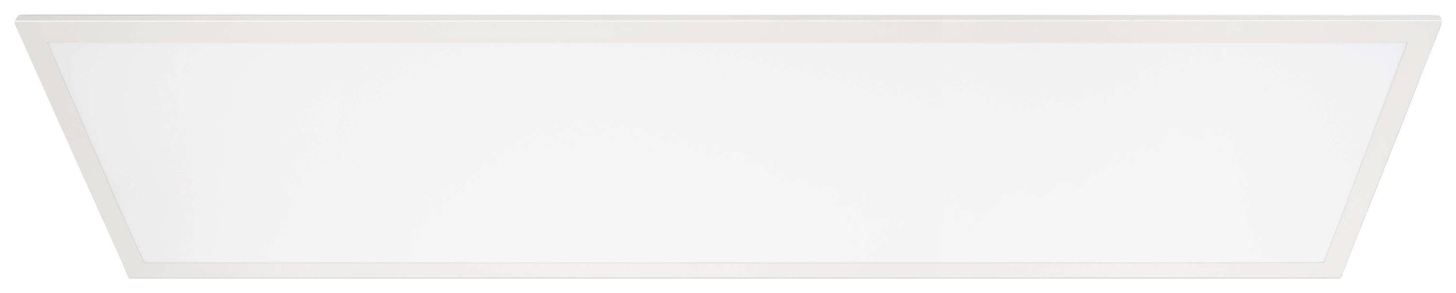 Egy négyszögletes, lapos LED-panel vékony fehér kerettel, beltéri mennyezeti világításhoz tervezve.