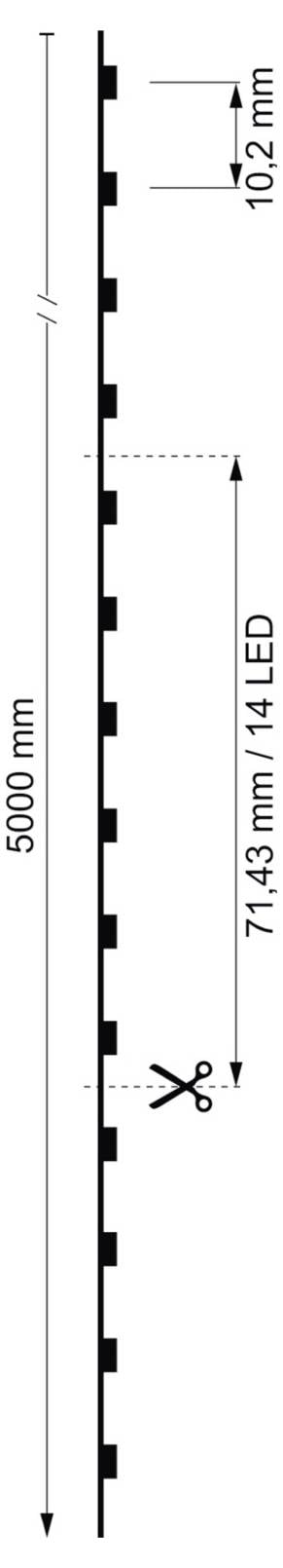 Függőleges vágási elrendezési ábra egy 5000 mm-es szalaghoz, amely 10,2 mm széles ismétlődő mintát és 71,43 mm / 1/14 LED-távolságot mutat, vágási vonal jelölővel.