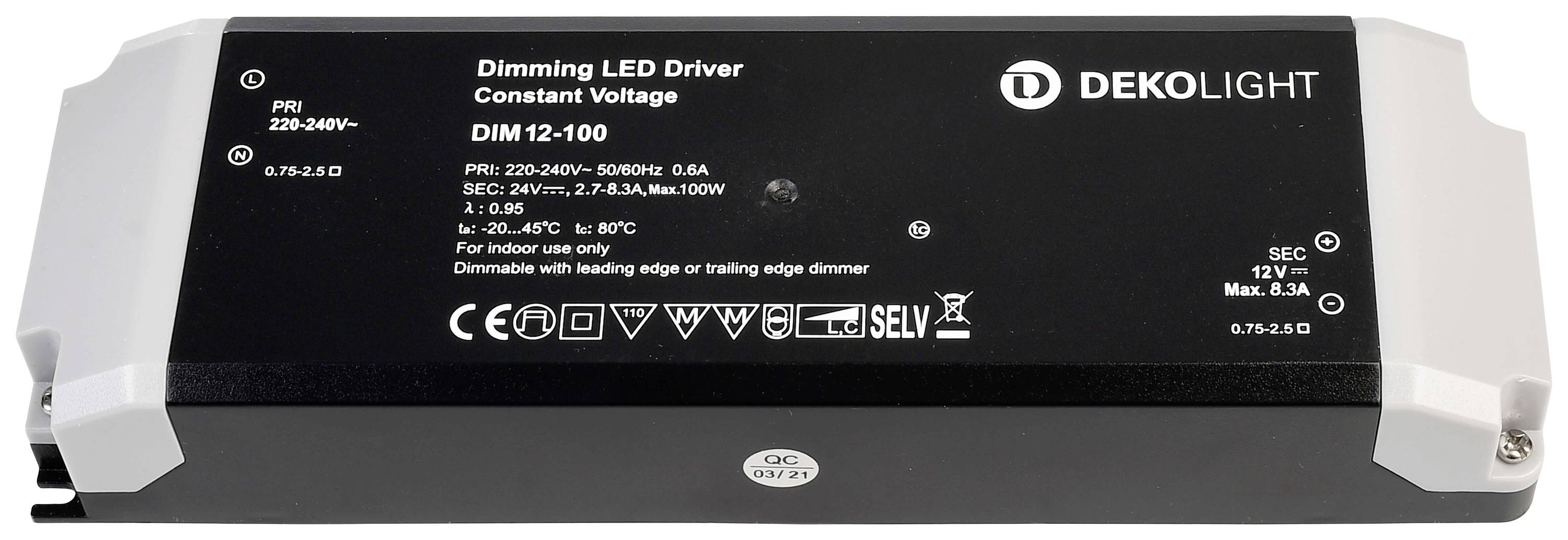 DEKOLIGHT DIM12-100 típusú, szabályozható LED tápegység. Bemenet: 220-240V, 50/60Hz. Kimenet: 12V, maximum 8,3A. Beltéri használatra alkalmas.