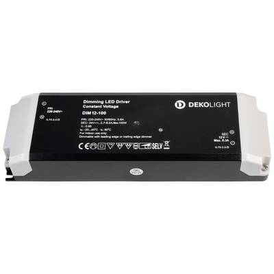 DEKOLIGHT DIM12-100 típusú, szabályozható LED tápegység. Bemenet: 220-240V, 50/60Hz. Kimenet: 12V, maximum 8,3A. Beltéri használatra alkalmas.