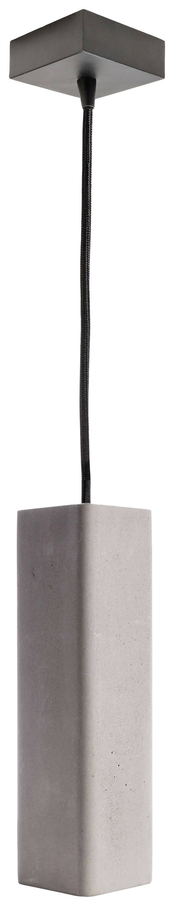 Szürke, téglalap alakú, függesztett betonlámpaernyő fekete kábellel. Modern, minimalista stílus.