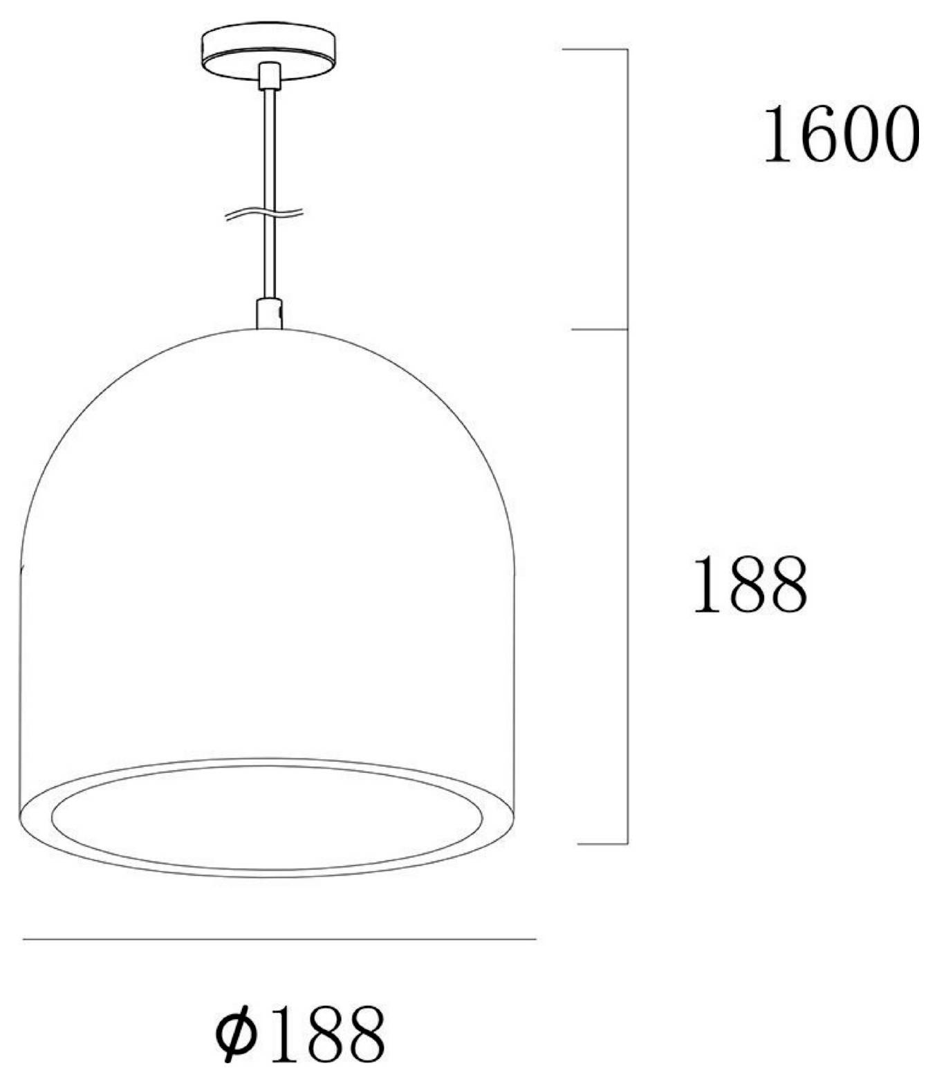 Műszaki rajz egy függesztett kupola típusú függőlámpáról, méretekkel: magasság 1600, átmérő 188.