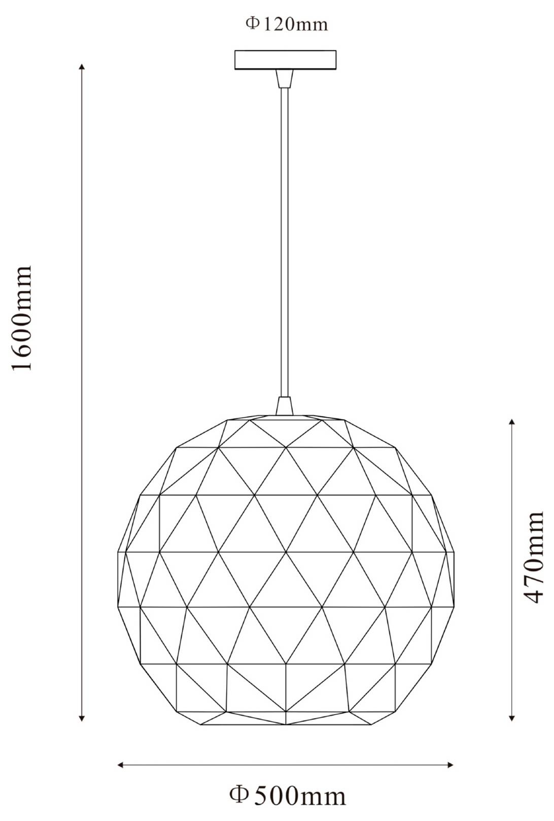 Műszaki rajz egy függesztett lámpatestről, geometrikus gömb alakú búrával; méretek: 1600 mm magas, 500 mm széles, 470 mm búramagasság, 120 mm mennyezeti rögzítés.