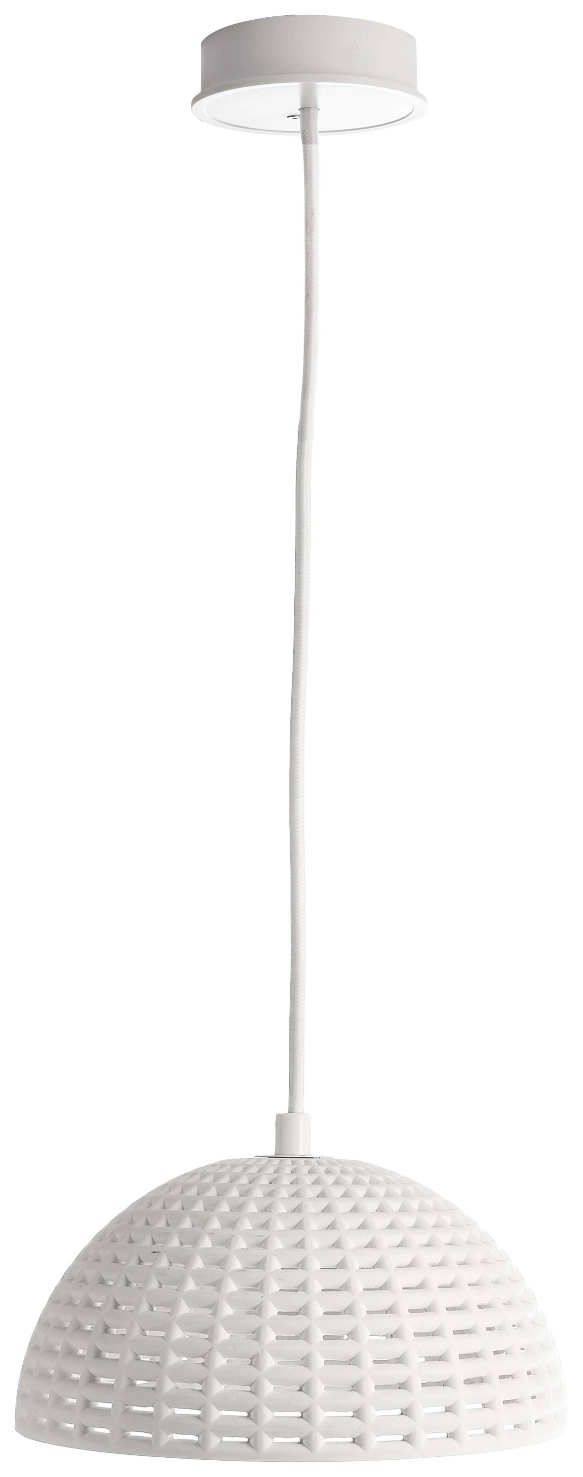 Fehér, lógó mennyezeti lámpa rácsszerű ernyővel. Elegáns és modern, alkalmas kortárs lakóterekhez.