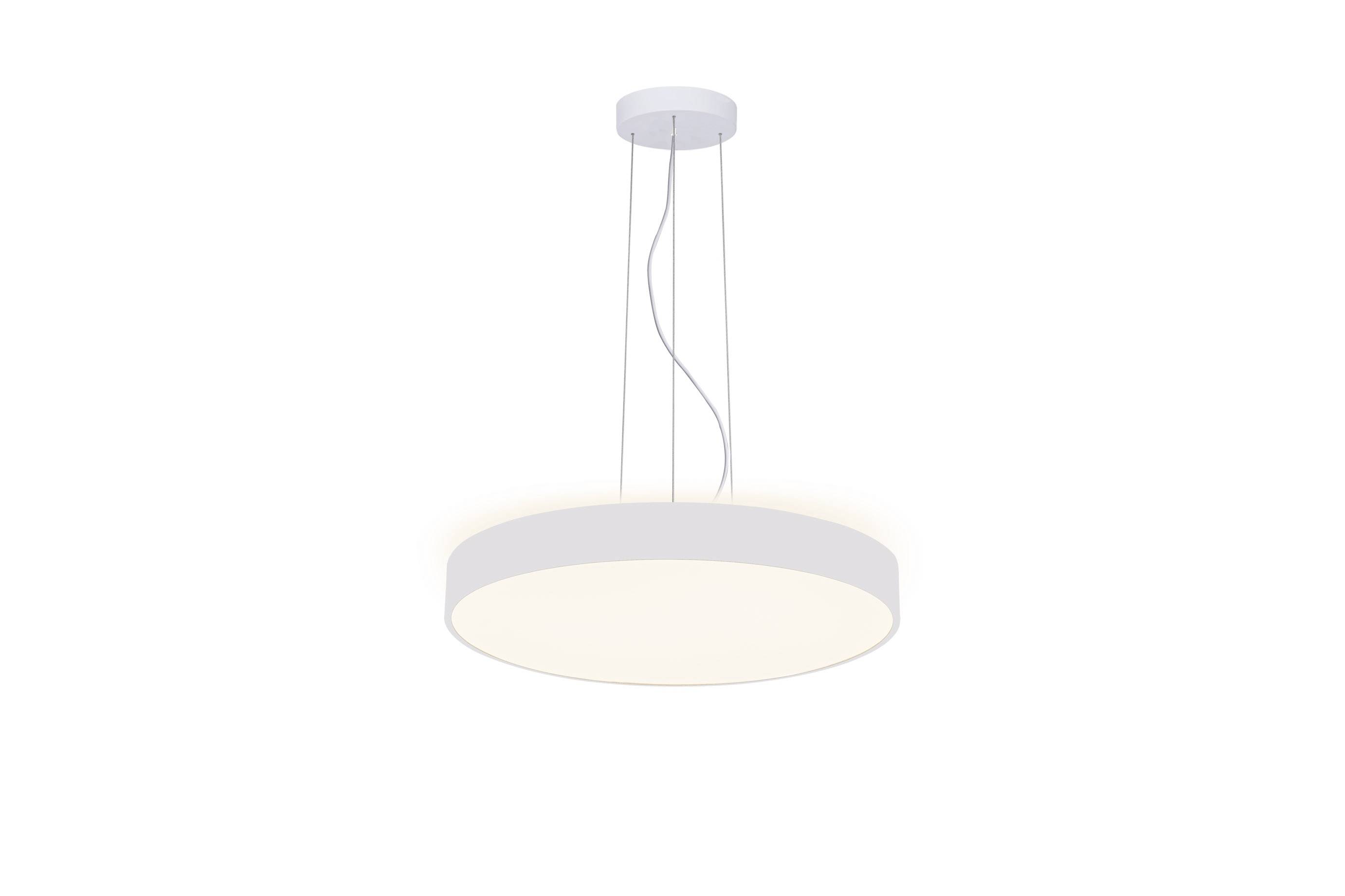 Egy modern, kerek mennyezeti lámpa fehér színben, vékony zsinórokon lógva. Puha, meleg fényt áraszt és minimalista dizájnnal rendelkezik.