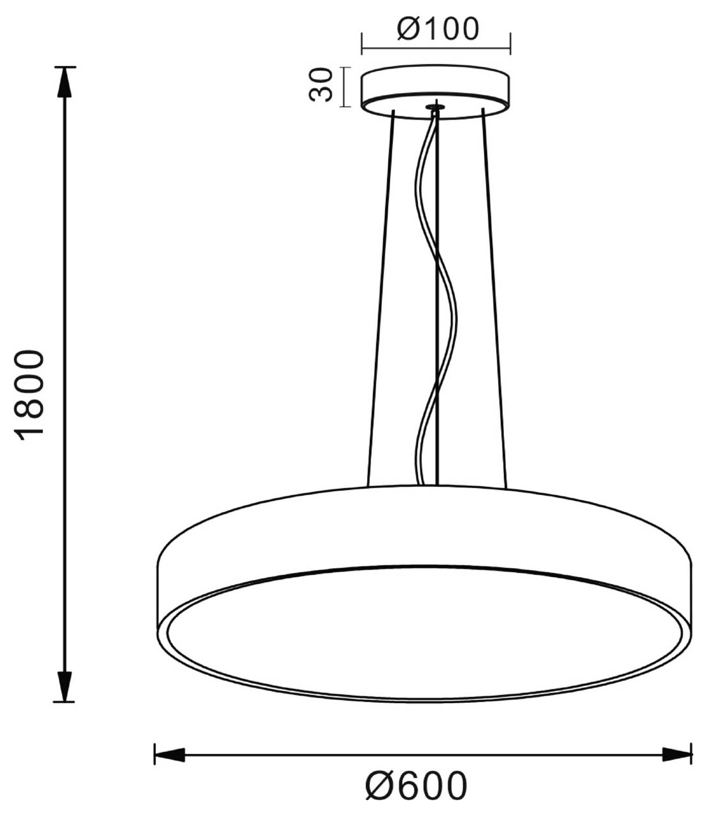 Függőlámpa méretezési ábra: 1800 mm magas, 600 mm átmérőjű búra, 100 mm mennyezeti rögzítés, 30 mm felső sapka.