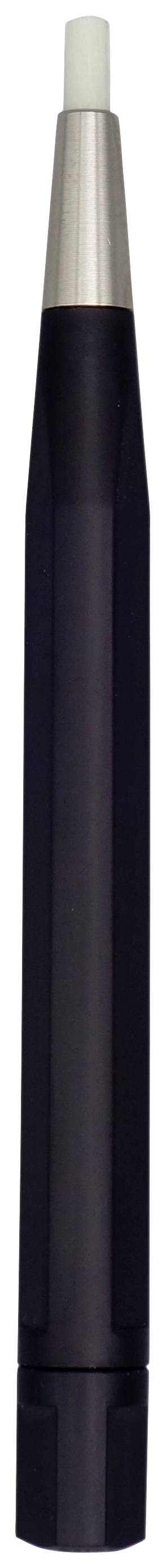 Egy fekete-ezüst toll vagy tolltest, függőlegesen elhelyezve, tetején egy kupakkal, valószínűleg egy íróeszköz vagy rajzeszköz.